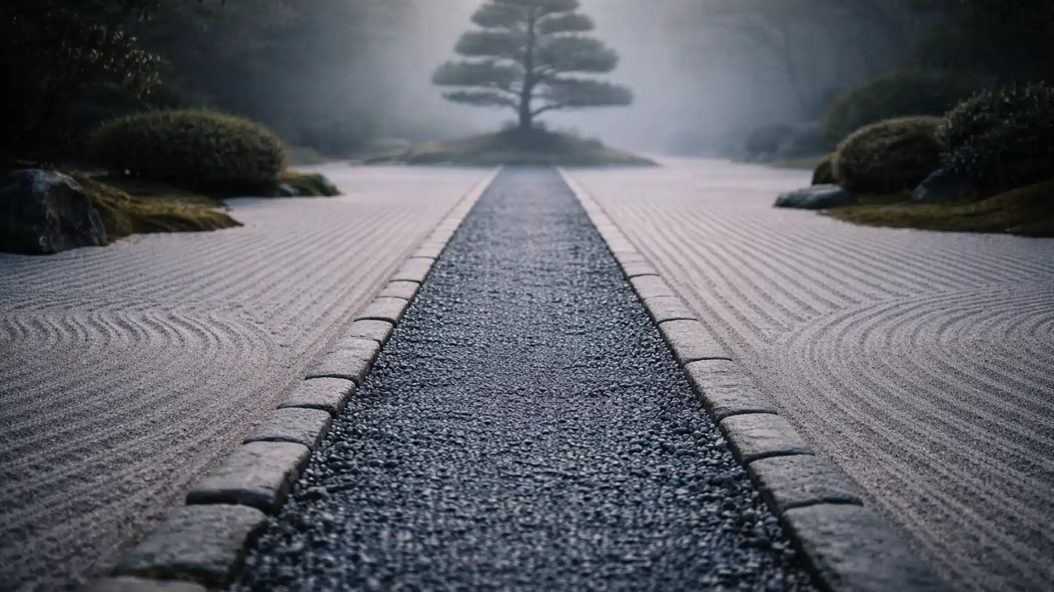 Ein Weg, Schritt für Schritt Steinweg durch einen geharkten Zengarten, der auf eine Kiefer im Morgennebel zuläuft